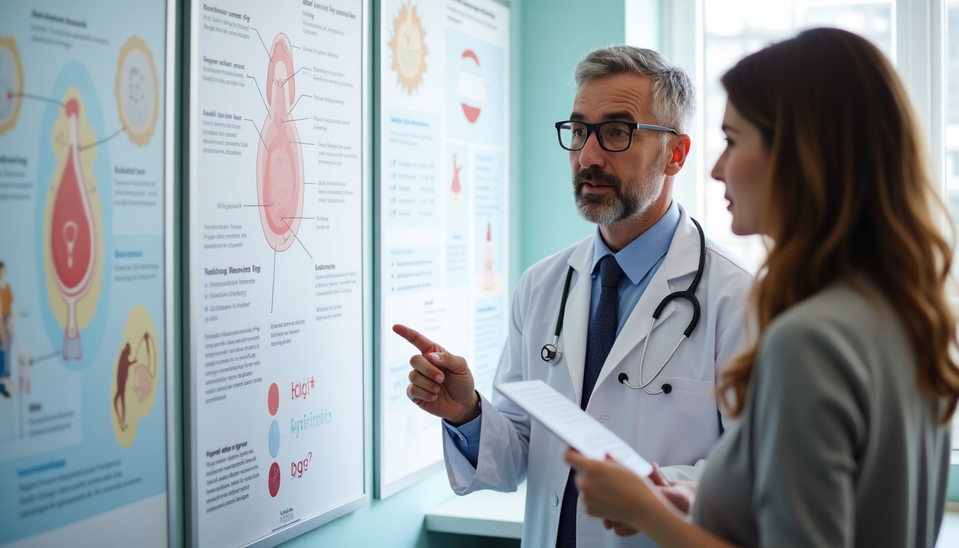 A medical professional explaining fertility preservation options using diagrams.