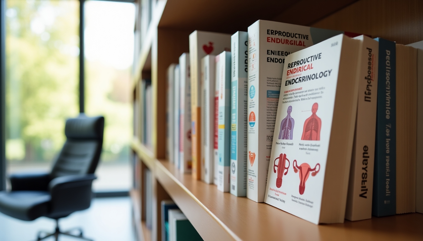 Books and stationery scattered around, highlighting medical textbooks related to reproductive endocrinology.
