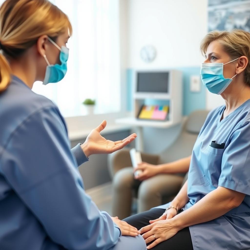 Candid photo of a supportive healthcare environment showing a nurse talking to a patient in a calm way.