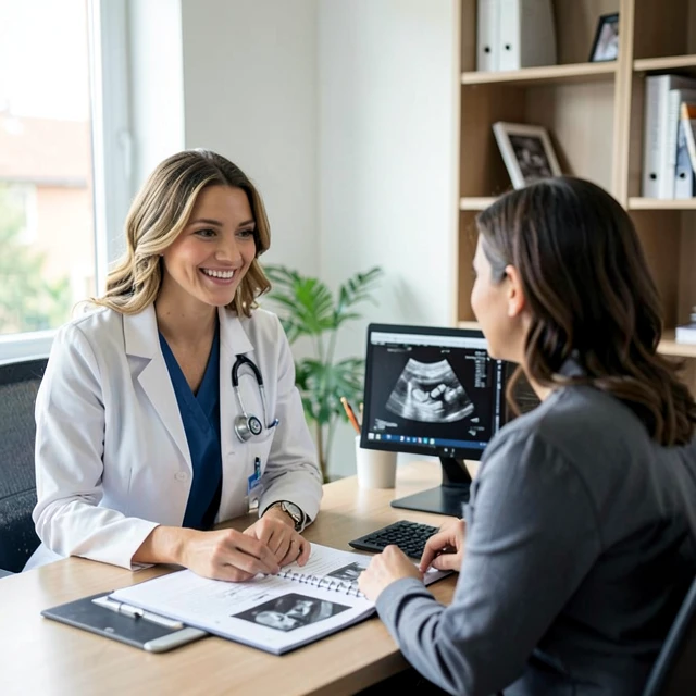 Reproductive endocrinologist consulting with a couple in a fertility clinic