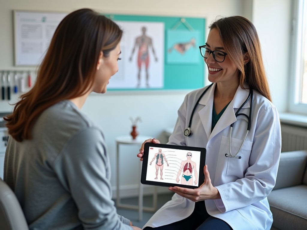 A doctor explaining fertility drug treatment options to a patient.