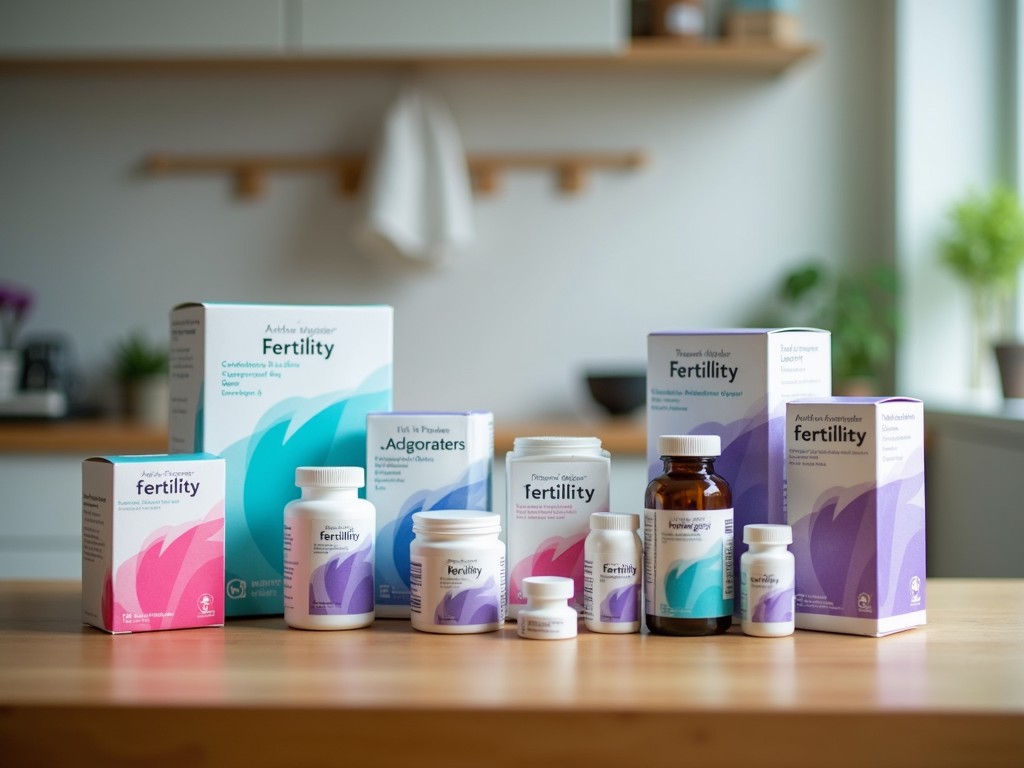 Different types of fertility medication laid out on a table.