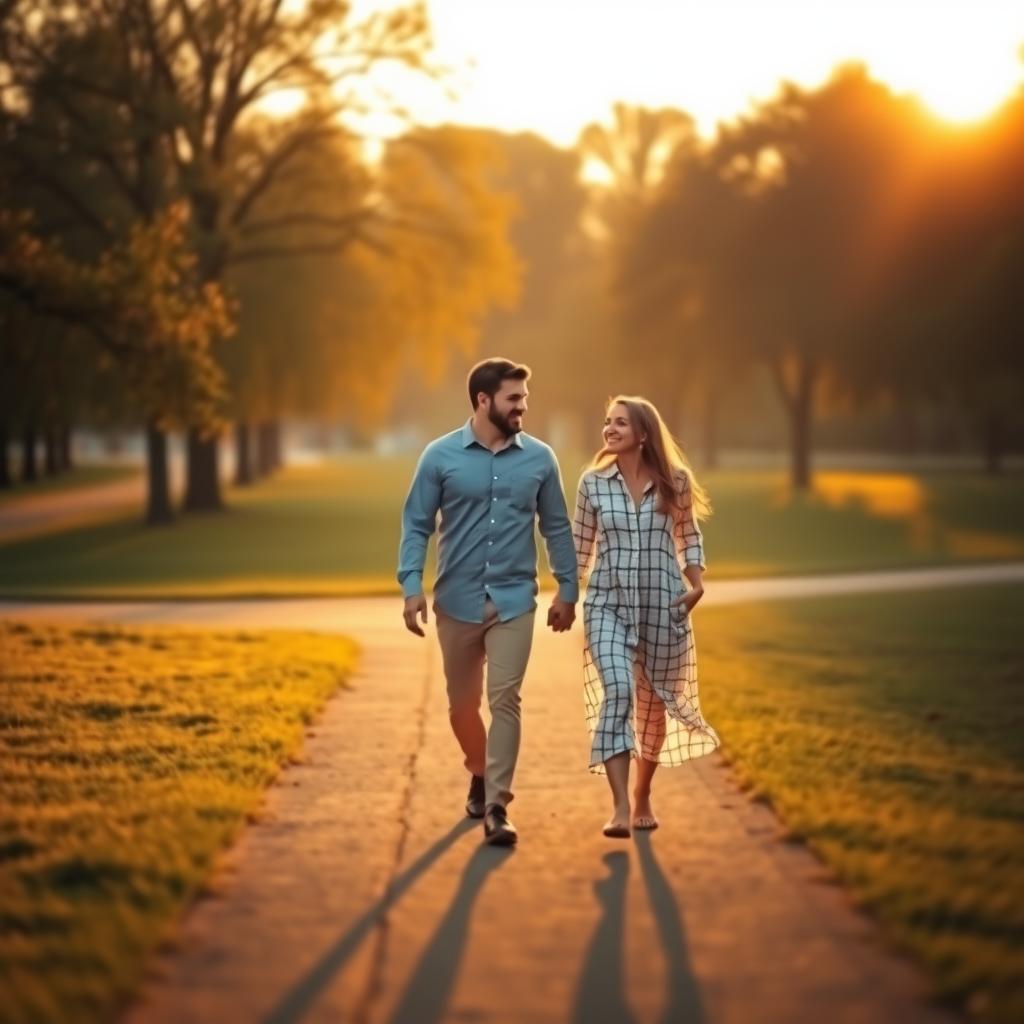 A couple walking hand-in-hand in a serene park at sunset, smiling gently.
