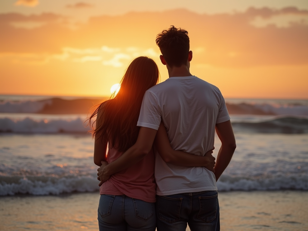 Couple embracing on beach at sunset