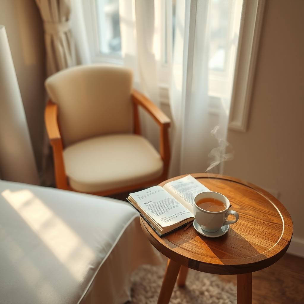 A cozy room with a journal and tea on a table, symbolizing reflection during fertility treatments.