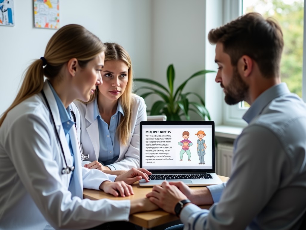 A doctor explaining the risks of multiple births to a couple in an office setting, using a laptop presentation.