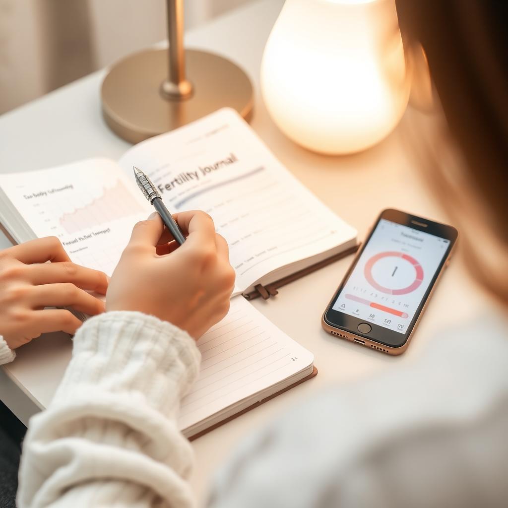 Woman’s hand writing in a fertility journal with a BBT chart and cycle-tracking app
