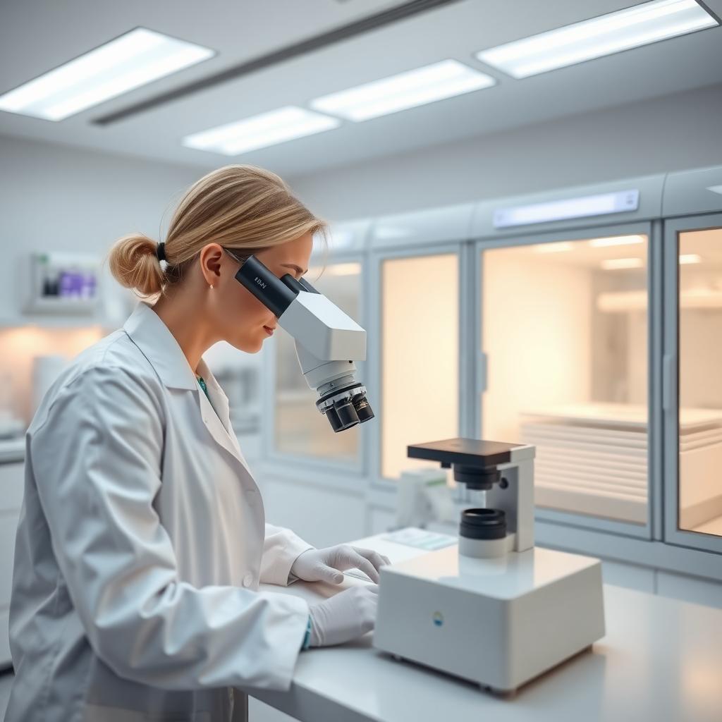 Scientist in a fertility clinic lab examining embryos under a microscope
