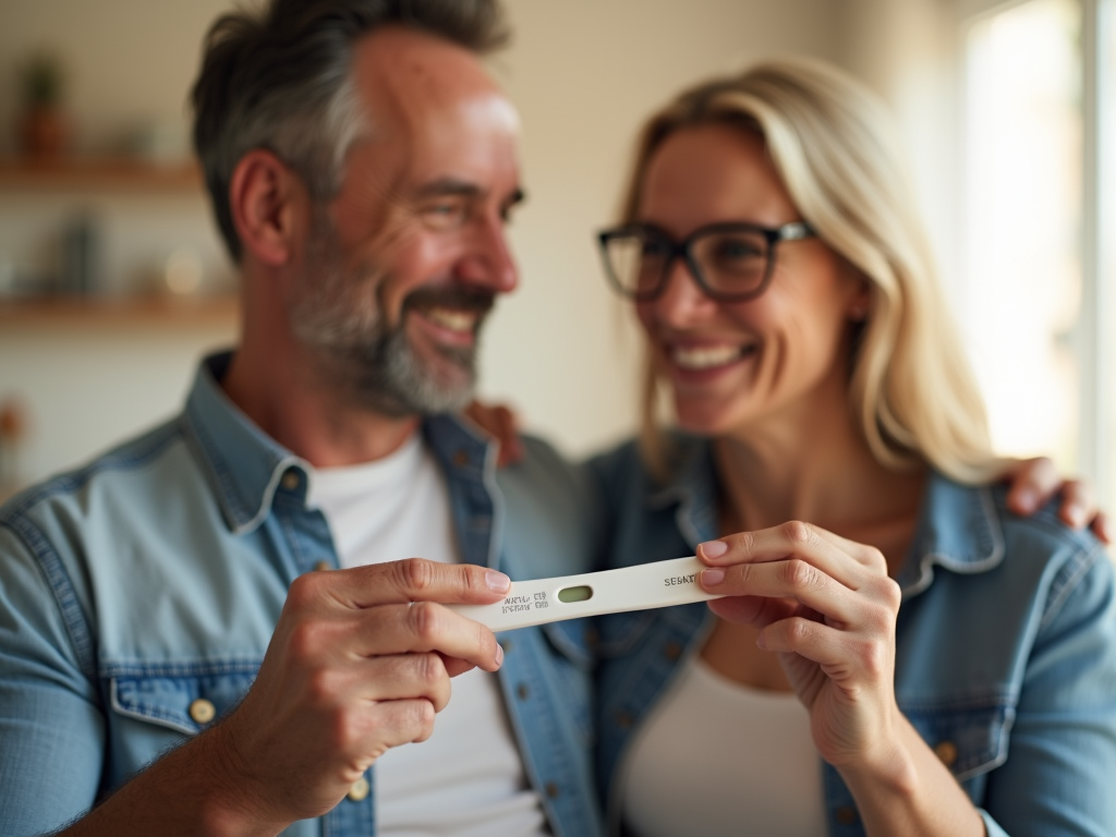 Couple celebrating a positive pregnancy test after ART success.
