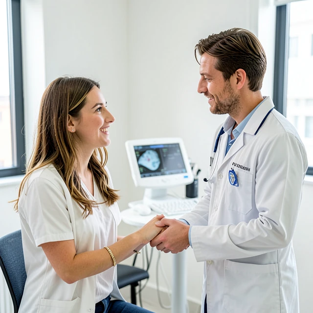 Couple receiving supportive consultation at fertility clinic for IVF treatment
