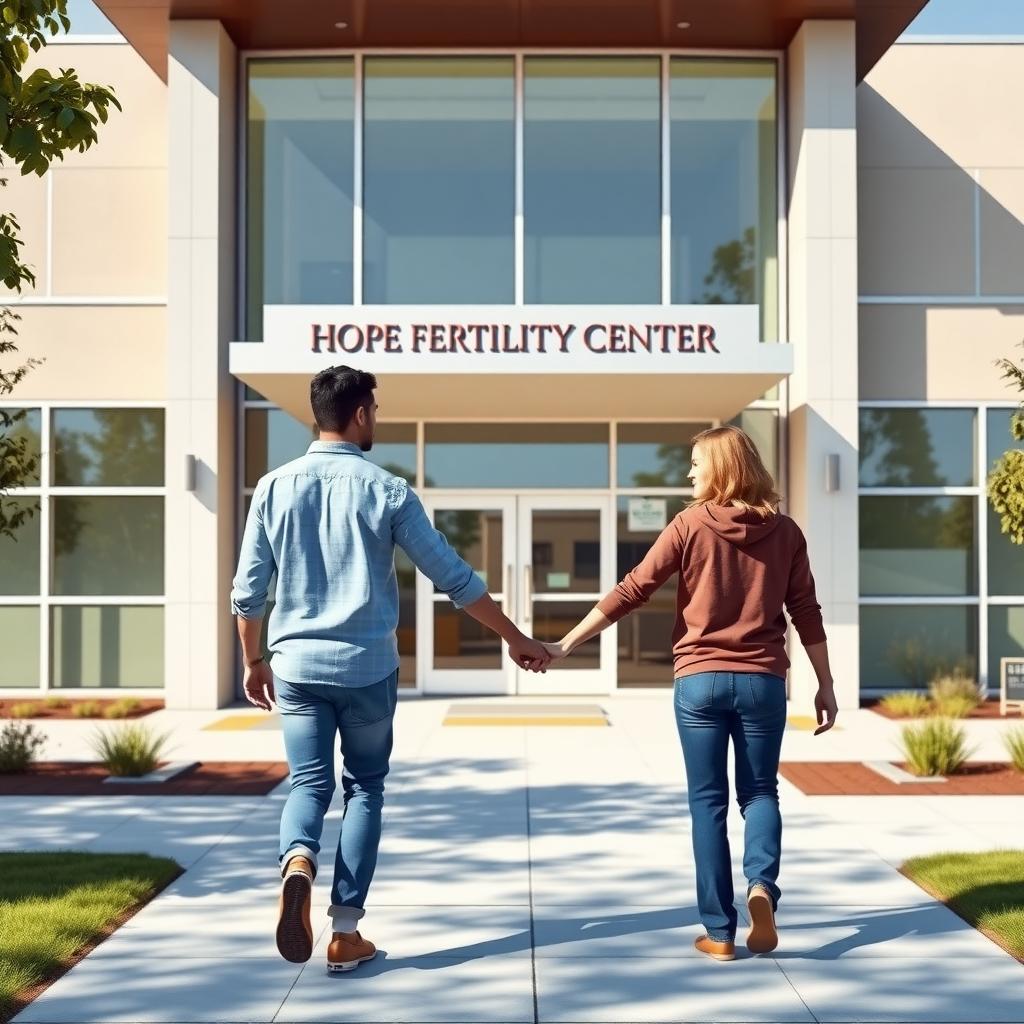 A couple approaches a modern fertility clinic with a welcoming entrance.