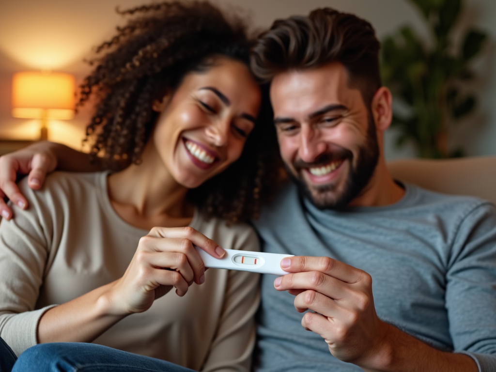 Couple celebrating a positive pregnancy test after IVF