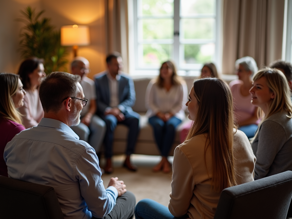 A diverse group of people sitting in a circle, sharing their experiences.