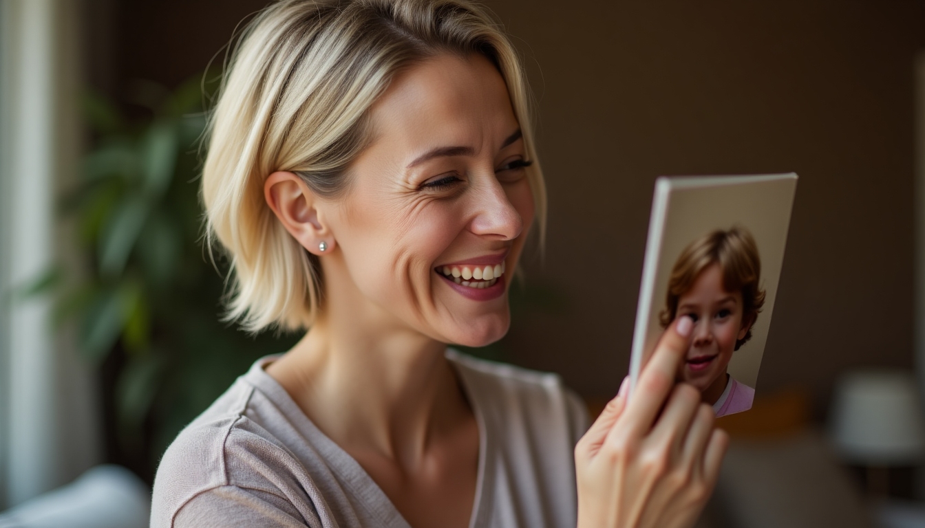 A cancer survivor looking thoughtfully at a photo of her child, smiling faintly with gratitude and hope.