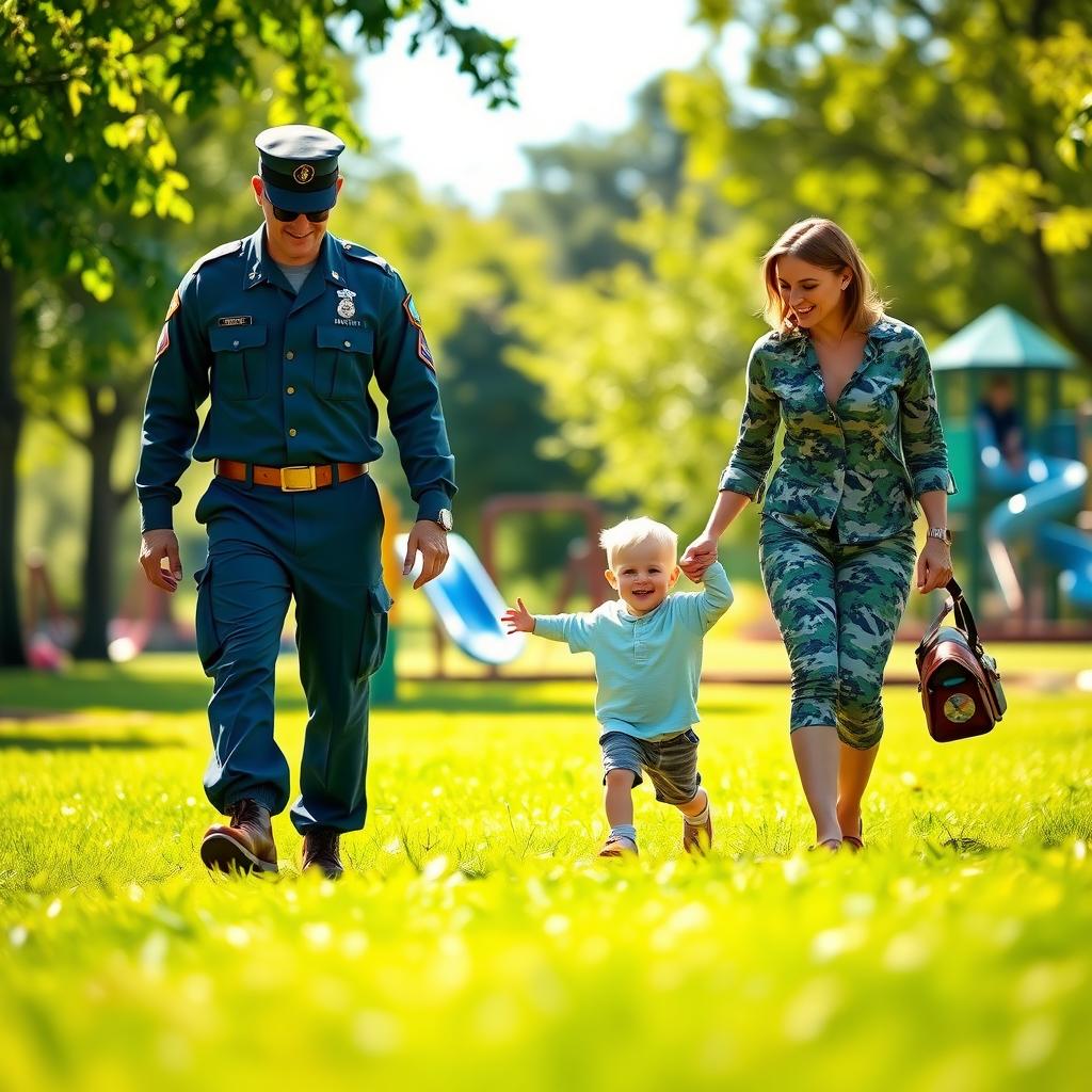 Military family walking hand-in-hand in a park with a playground in the background.