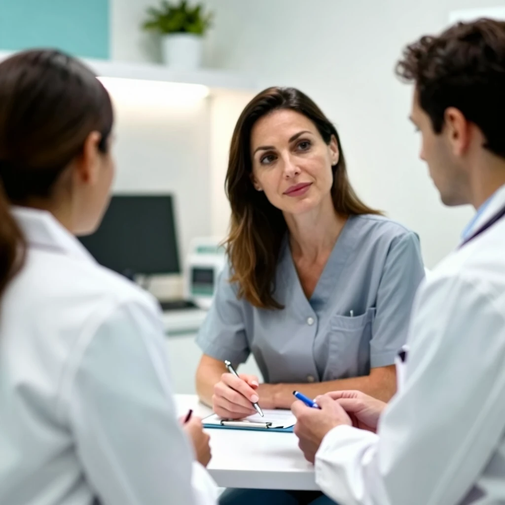 Woman in her 30s discussing egg freezing options with a supportive female fertility specialist in a modern medical office