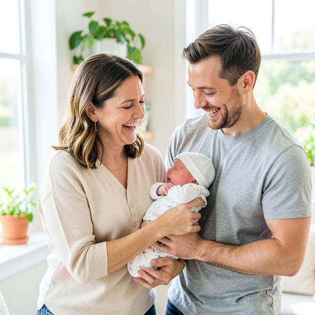 Happy parents holding their newborn baby after fertility treatment success