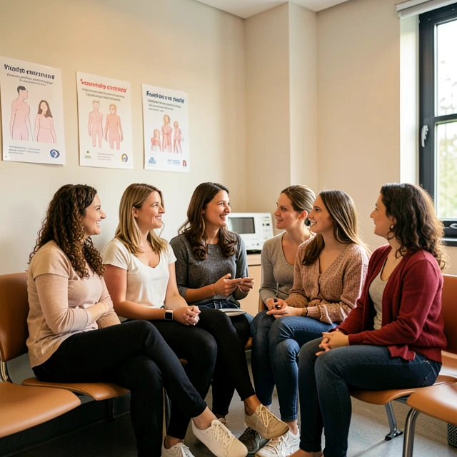 Women of different ages in a welcoming fertility clinic setting