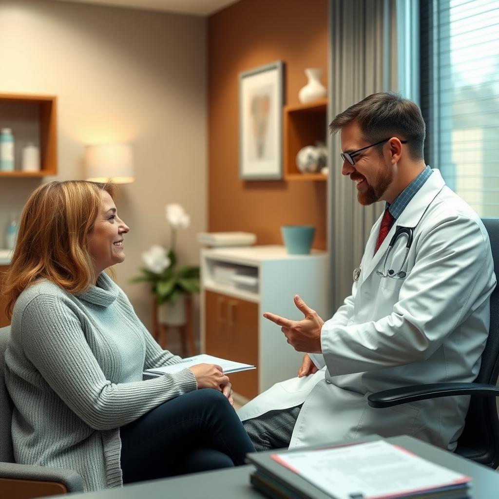 A doctor and transgender patient discussing fertility preservation in a warm, modern clinic.