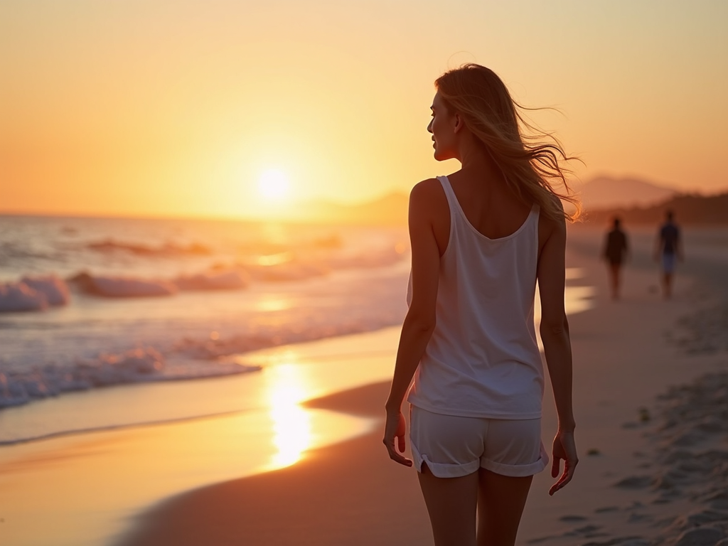 Woman walking on a beach at sunset, representing a journey toward health