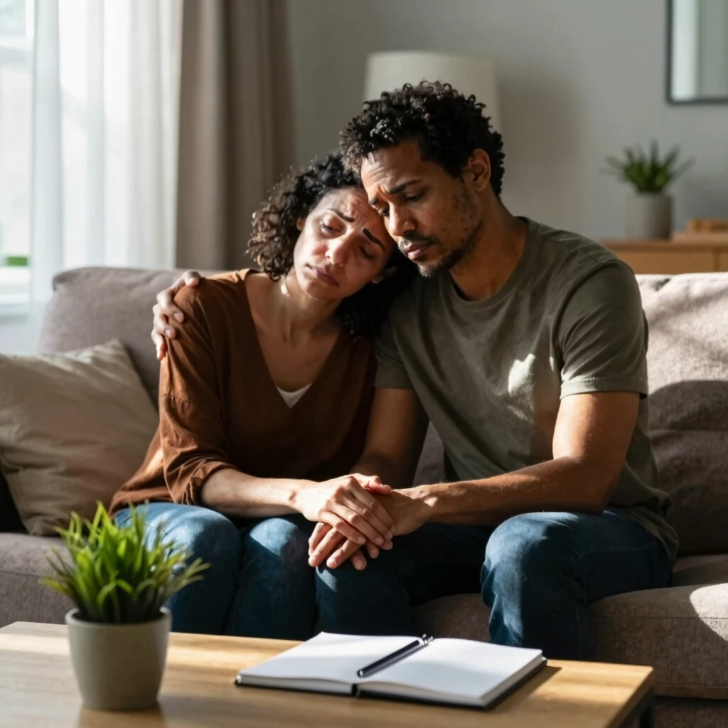 Couple sharing a tender moment of emotional support at home