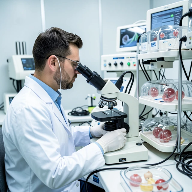 Embryologist performing IVF procedures in a modern laboratory