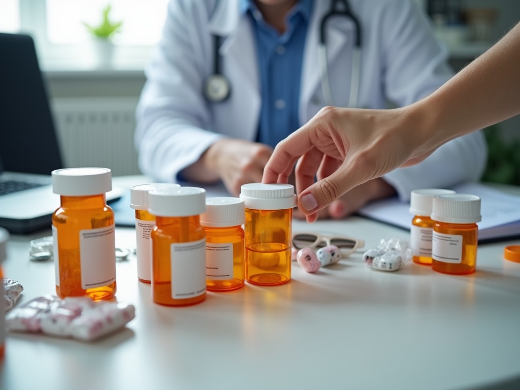 Close-up of prescription fertility drugs on a doctor's desk.
