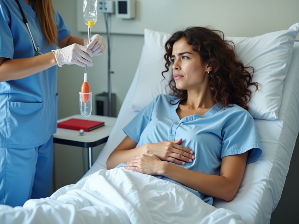 A woman experiencing Ovarian Hyperstimulation Syndrome symptoms in a hospital.