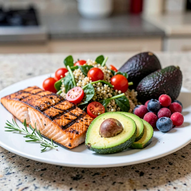 Plate of top fertility-boosting foods including salmon and quinoa