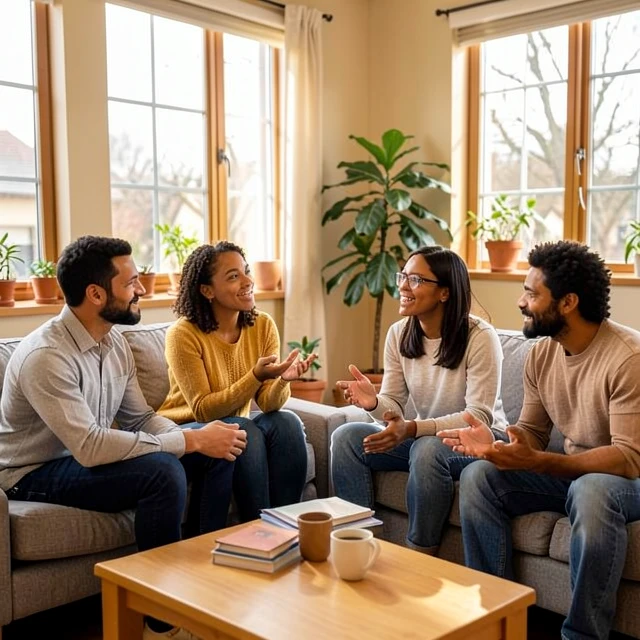Diverse adults sharing experiences in an infertility support group meeting