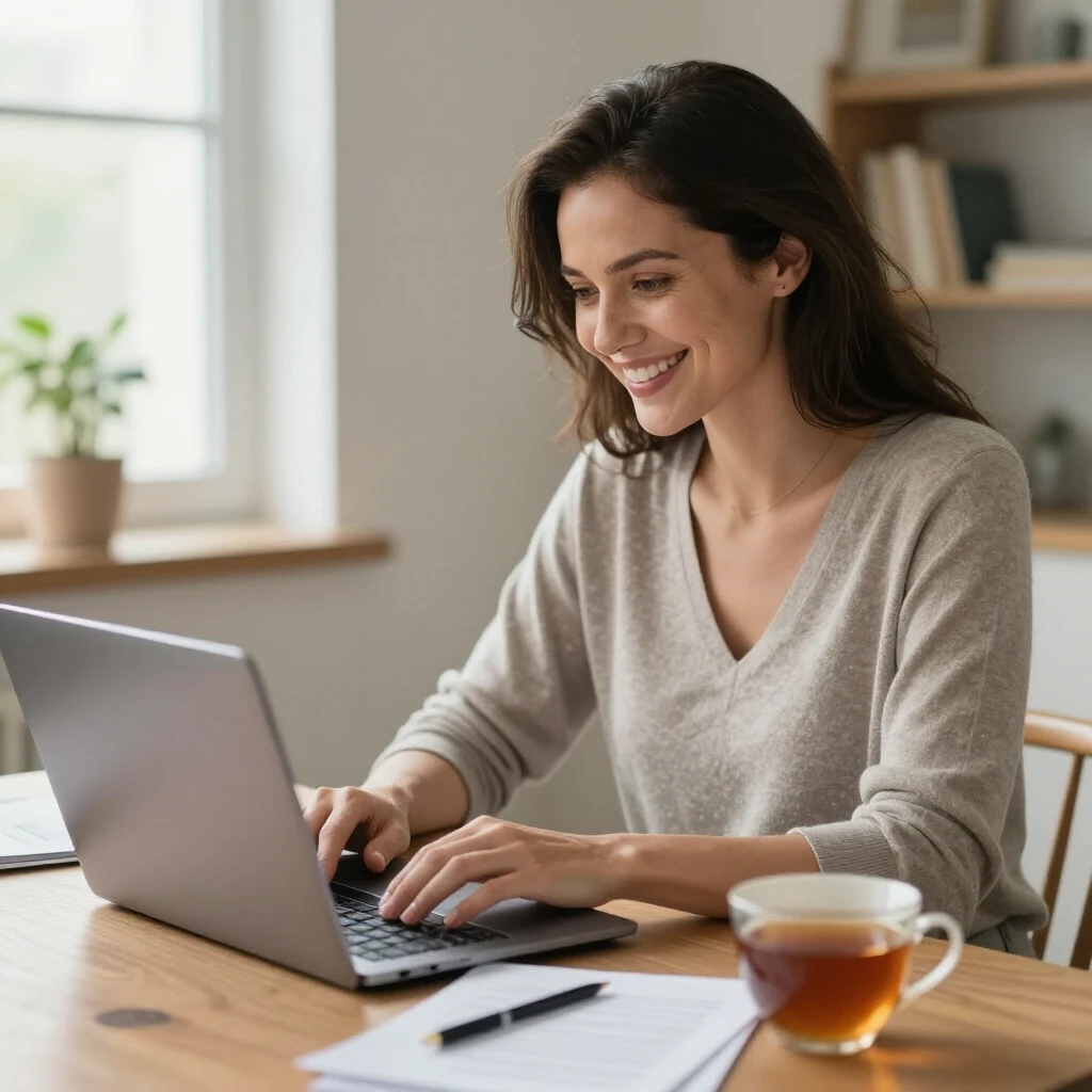 Woman confidently researching fertility preservation options on laptop at home