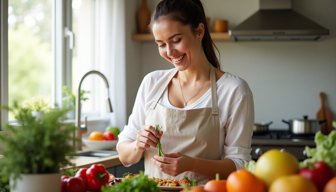 Smiling woman cooking a healthy meal in her kitchen