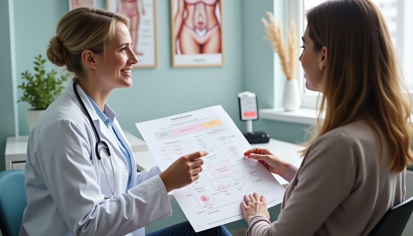 A caring reproductive endocrinologist consulting with a patient in a comforting office setting.