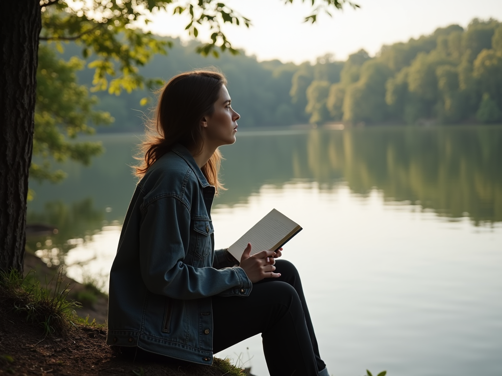 Person reflecting on infertility by a lake