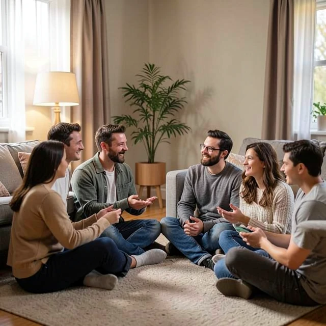 Support group members connecting and sharing stories during infertility journey