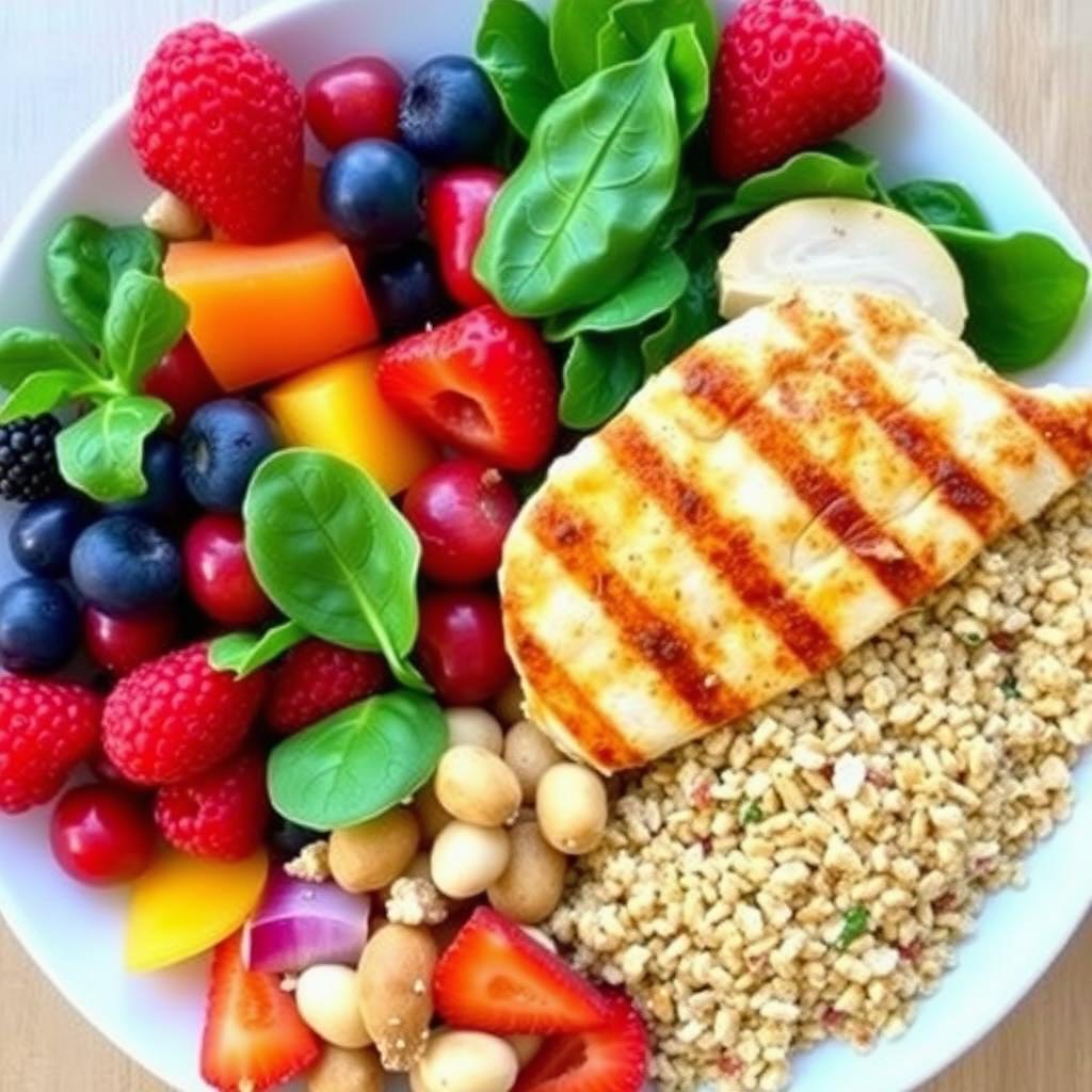A colorful meal plate with fruits, vegetables, proteins, and grains.