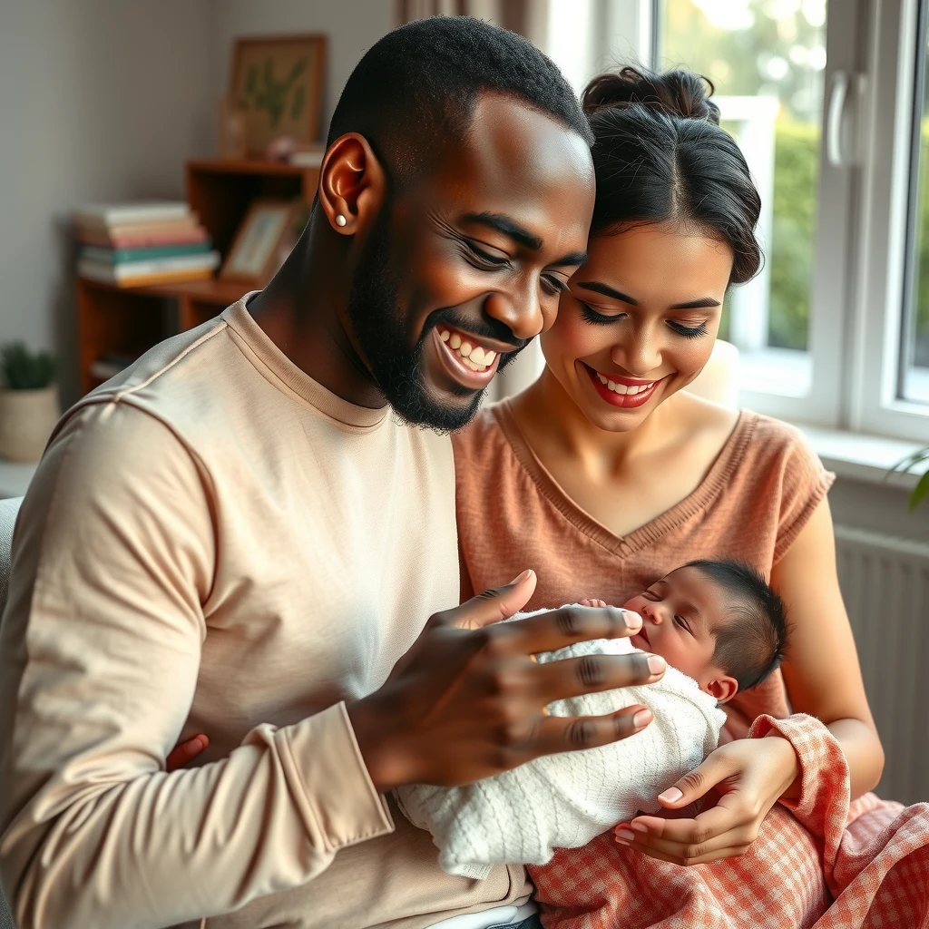 Happy diverse couple holding their newborn baby after overcoming infertility