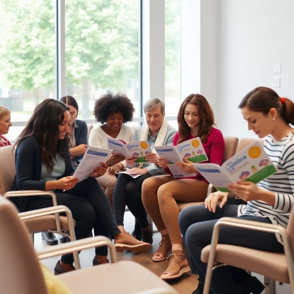 Diverse group in a fertility clinic waiting room reading insurance brochures.