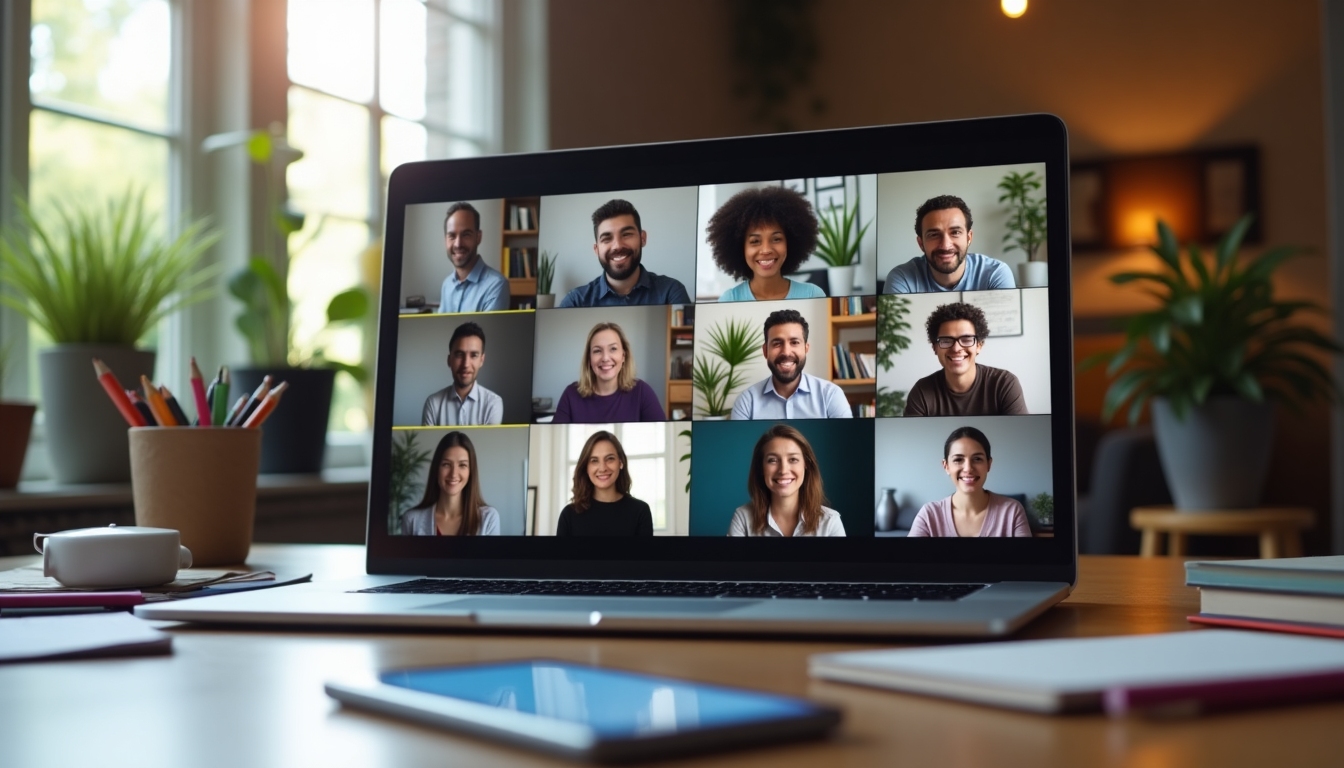 An open laptop showing a virtual meeting screen.