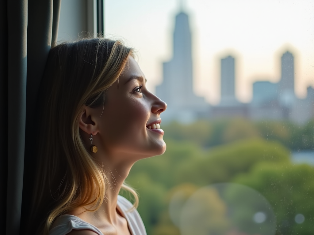 A woman looking out a window, thinking of the future.