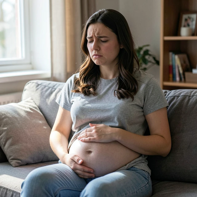 Woman experiencing mild abdominal bloating and discomfort from ovarian hyperstimulation syndrome