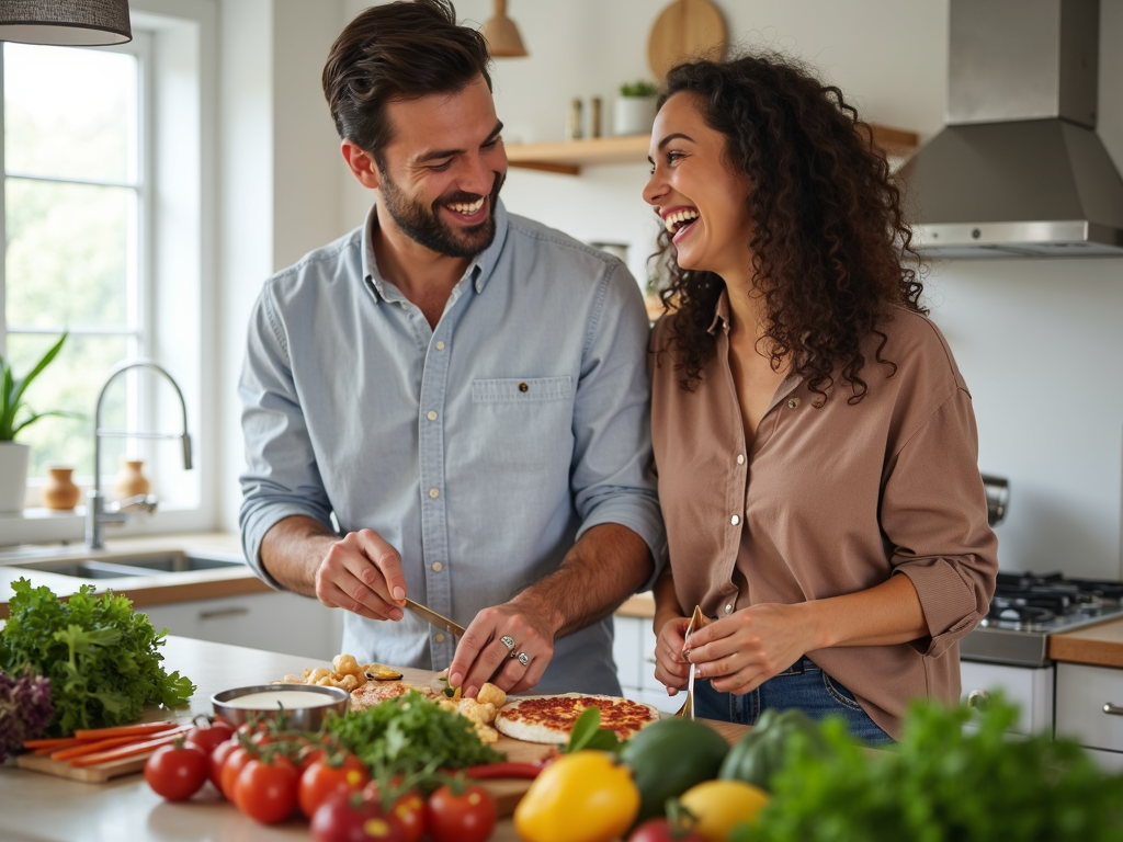 Couple cooking healthy meal together