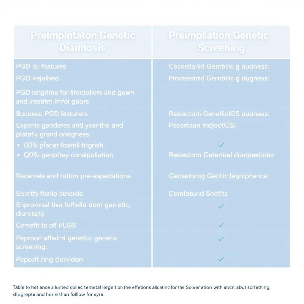 A detailed table comparing PGD and PGS genetic testing types.