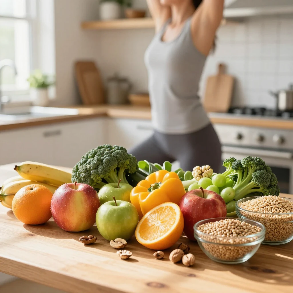 Healthy foods and yoga representing lifestyle changes for better fertility