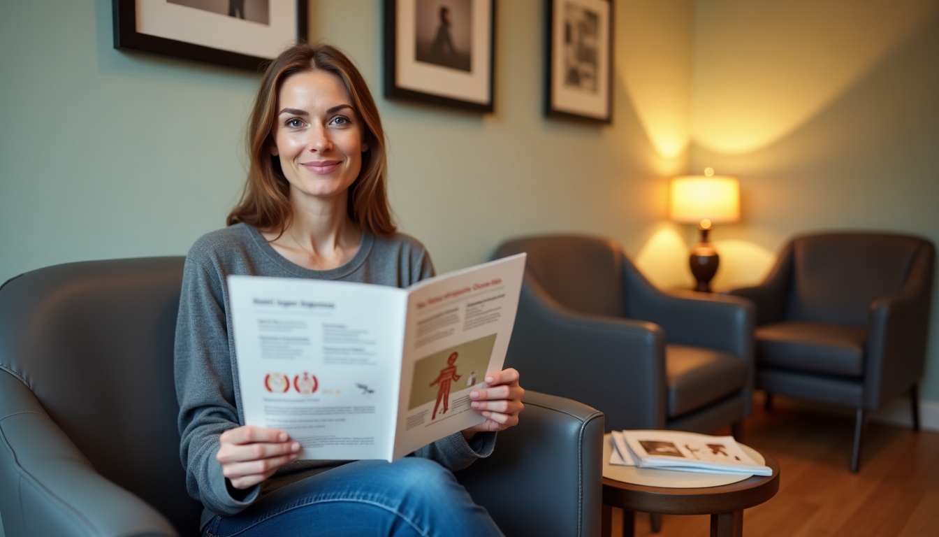 A close-up of a person holding a pamphlet on fertility preservation options while sitting in a waiting room.
