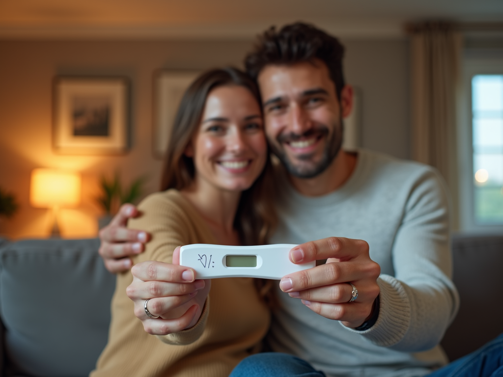 Couple celebrating a positive pregnancy test
