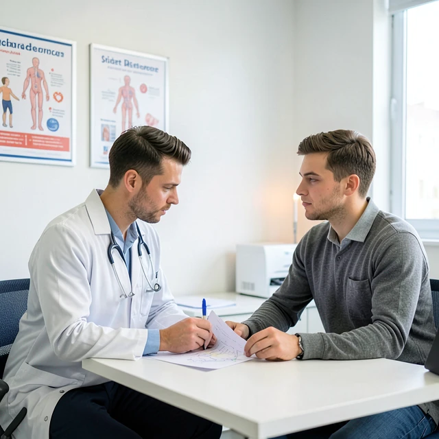 Doctor consulting with a man about sperm freezing options in a fertility clinic