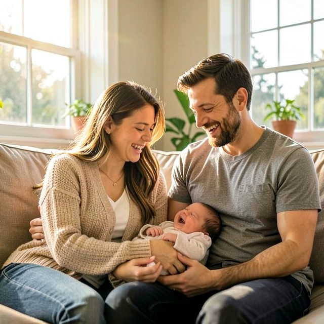 Happy family with baby after using preserved fertility