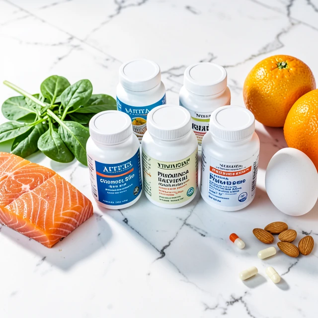 Assortment of prenatal vitamins and nutrient-rich foods for pregnancy health