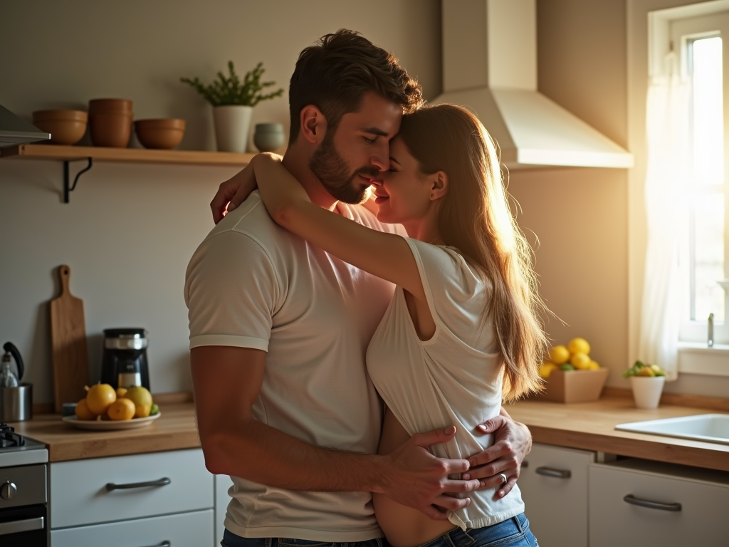 Couple hugging with pregnancy test on counter.